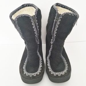 VINTAGE SNOWLAND Black Aztec Wedge Fur Snow Boots